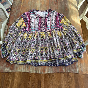 Kyla Seo Mixed Print Patchwork Tunic Blouse Boho Babydoll Top Large Jingles
